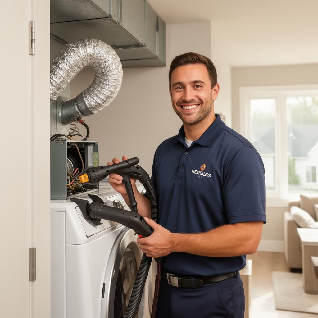 Professional HVAC technician cleaning a dryer vent